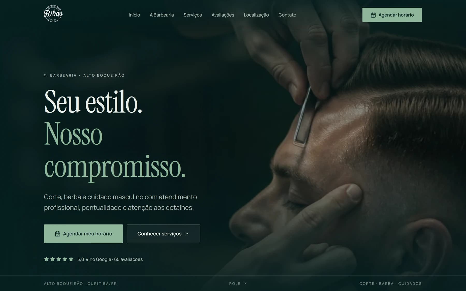 O site da Barbearia Ribas em três telas reais: no computador a página inicial, no tablet a mesma página em retrato, e no celular o menu aberto com os atalhos de agendamento e WhatsApp
